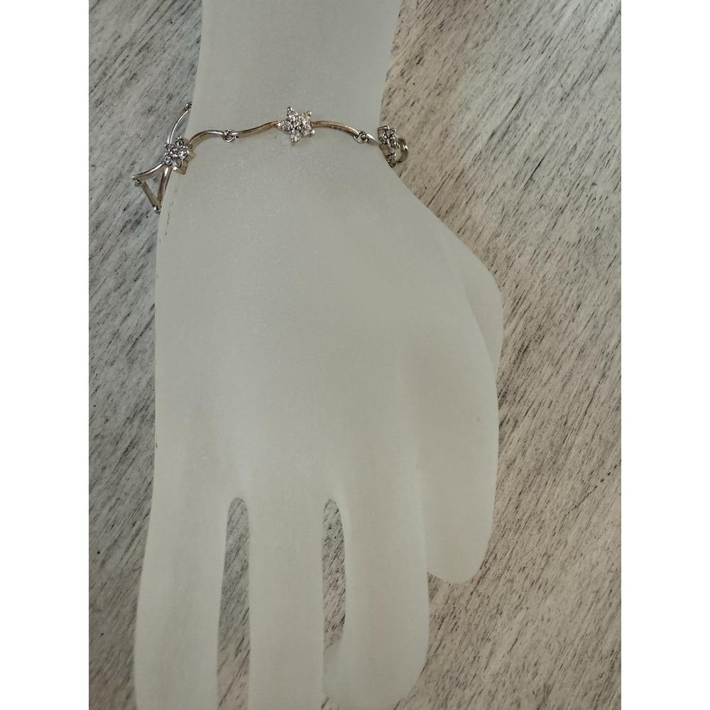 925 Sterling Silver Wavy Bar Bracelet CZ Flower/ Stars Cluster Diamond + Tested